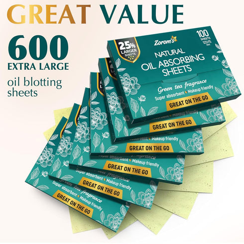 Natural Green Tea Oil Blotting Sheets, 25% Larger (4.7x3"), 600 Makeup Friendly Papers for Face