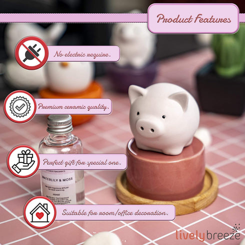 Pinky Pig, Diffusers for Essential Oils and Aromatherapy Fragrance, Non-Electric Ceramic, White Ceramic Oil Diffuser