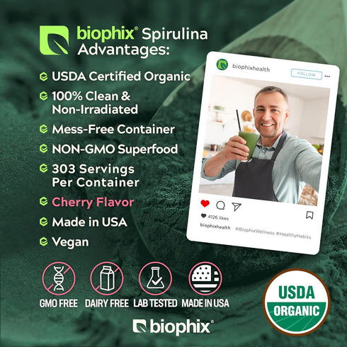 biophix Organic Spirulina Powder 2.2 lb Black Cherry Flavor - Nutrient-Dense Superfood, Protein-Rich & Powerful