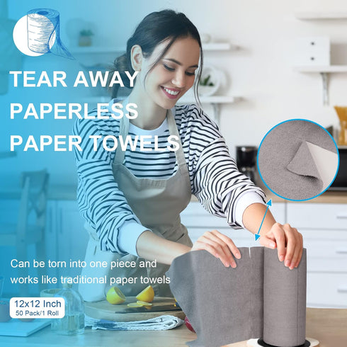 Poyday 50Pack 12x12In Reusable Paper Towels Washable Roll: Paperless Paper Towels Tear Away Absorbent Cloth Towels