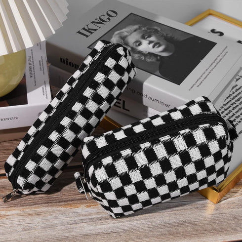 Makeup Bag Checkered Cosmetic Bag - Black Makeup Pouch with Large Capacity and Makeup Brushes Storage Bag