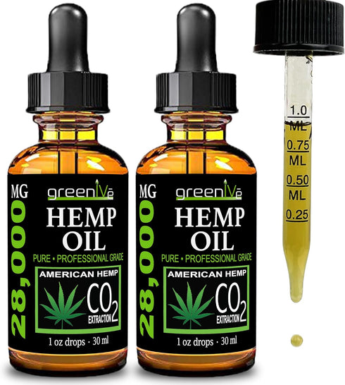GreenIVe Hemp Drops 28,000mg - Organically Grown Pure Hemp Oil Drops, Vegan Omegas, Natural Potent Results (2 Pack)
