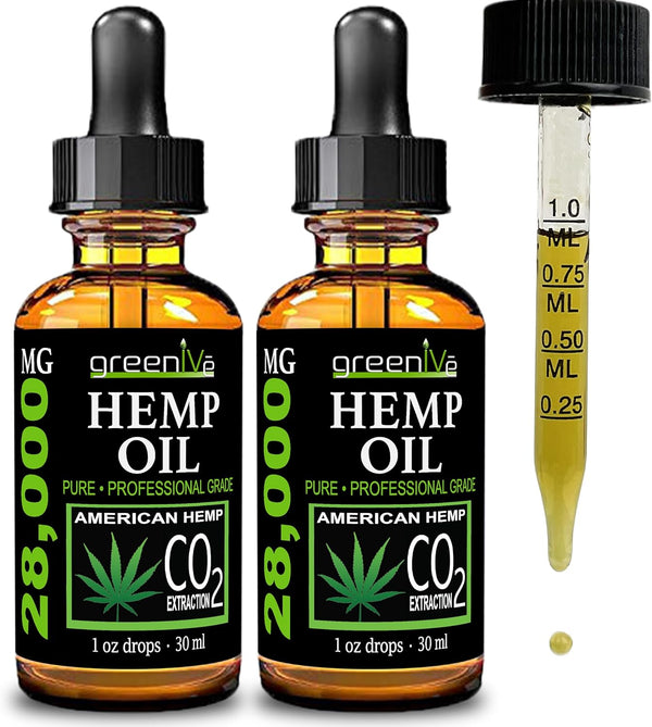 GreenIVe Hemp Drops 28,000mg - Organically Grown Pure Hemp Oil Drops, Vegan Omegas, Natural Potent Results (2 Pack)