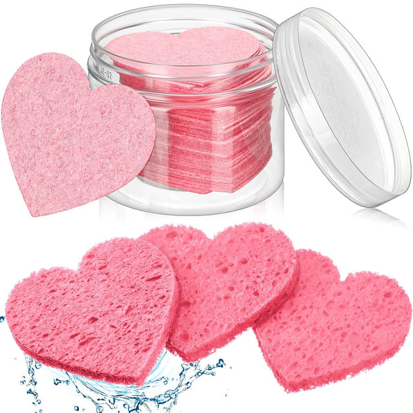 Nuenen 60 Pieces Facial Sponges with Container - Heart Shape Compressed Face Sponges for Washing Face Cleaning