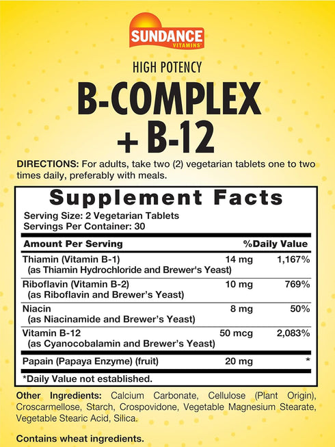 Sundance High Potency Vitamin B-Complex | with B-12 | 60 Tablets | Vegetarian, Non-GMO, and Gluten Free Supplement