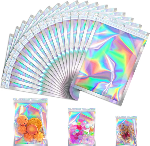 100 Pcs Mylar Bags, Holographic Smell Proof Bags with Clear Window, Resealable Bags for Small Business, Gift