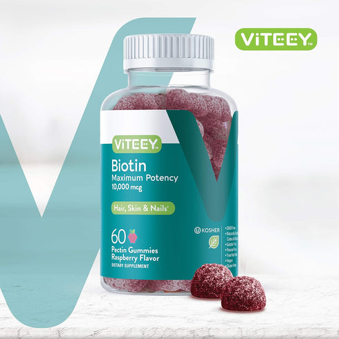 Viteey Biotin Gummies for Hair Growth - 10,000 mcg Vegan, Gluten-Free, Non-GMO - 60 Count for Hair Skin and Nails