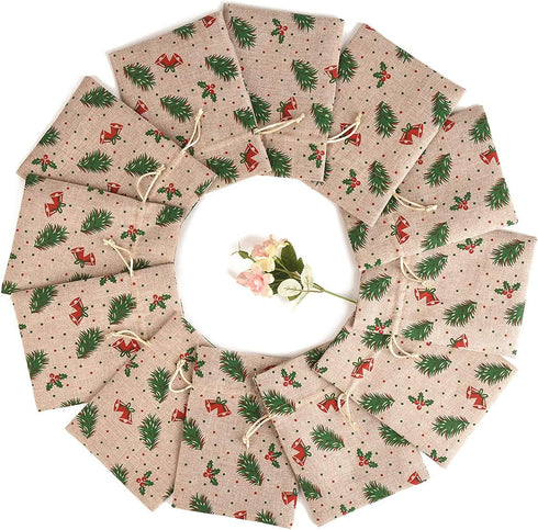 XCFWin 12 Pack Christmas Gift Bags with Drawstring, Reusable Designs for Christmas Party Supplies (Pine Branch, 13 *