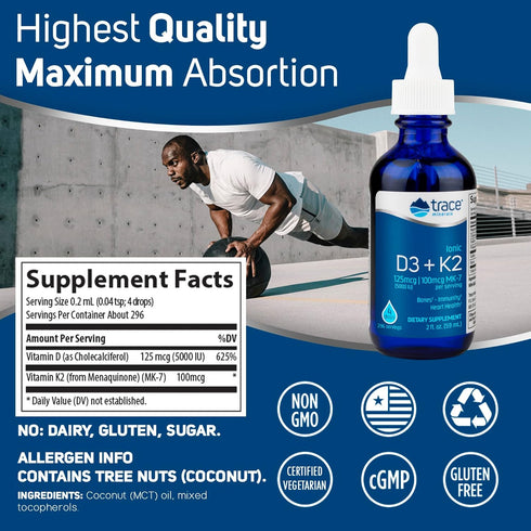 Trace Minerals Liquid Ionic Vitamin D3 + K2 - 125 mcg D3, 100 mcg K2 Concentrated Dietary Supplement (2 fl oz, 296