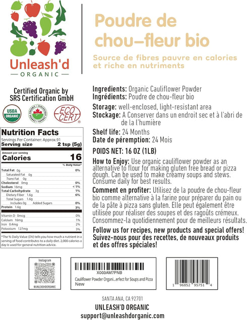 UNLEASH'D ORGANIC 16 oz 100% Unleashd Organic Cauliflower Powder Pure Natural Superfood, Rich in Vitamins