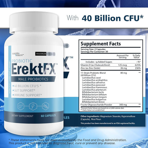 Probiotic ErektFx - Male Probiotics for Gut Health, 40 Billion CFU’s, Support Overall Mind & Body Health