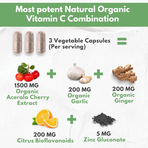 Natural Vitamin C from Organic Acerola Cherry - High Absorption with Garlic Ginger & Citrus Bioflavonoids for Immune