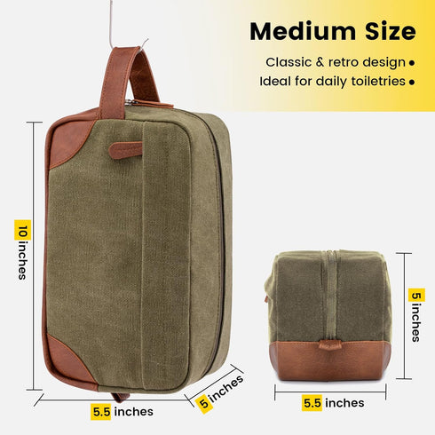 Vorspack Toiletry Bag, Hanging Dopp Kit for Men, Water Resistant Canvas Shaving Bag, Large Capacity, Green