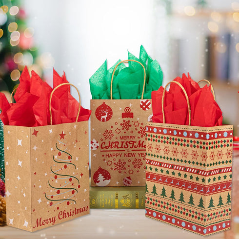 Kiddokids 48 7" 8.65" 3.15", 48 Packaging, Christmas Gift Bags x x Kraft Holiday Wrapping with Tissue Papers, Gift Tags