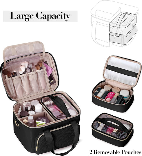 Travel Makeup Bag with 2 Pouches and Adjustable Dividers, Large Cosmetic Case Organizer for Women, Black (Patented