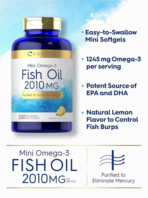 Carlyle Mini Fish Oil Softgels, 2010 mg, 200 Omega-3 Pills, Non-GMO & Gluten Free Supplement
