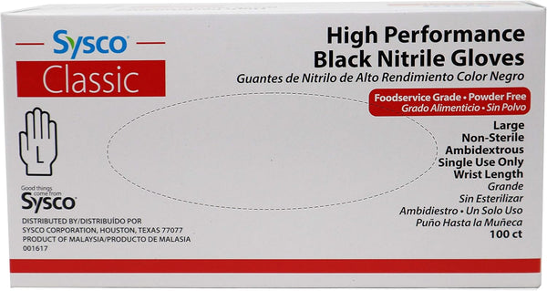 Sysco Nitrile High Performance Gloves, Powder Free Disposable Food Grade (100 Gloves Pack) (Large - Black)