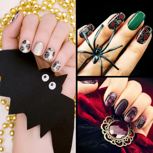 Maitys 168 Pcs Halloween Goth Full Wrap Nail Stickers, 12 Sheets Skull Self Adhesive Nail Polish Strips for Women DIY