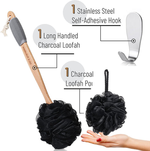 Slick Loofah with Long Handle - Back Scrubber and Shower Supplies for Bathing