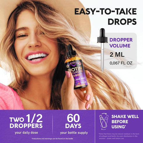 Liquid Biotin & Collagen - Extra Strength 60000 mcg Drops for Hair Growth Support, Strong Nails, Healthy Skin - B7