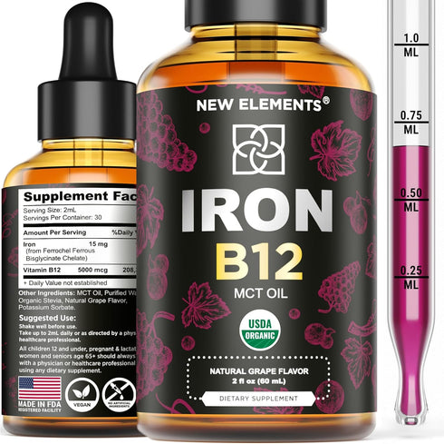 Liquid Iron Supplement for Women & Men - 2 Fl Oz - with Vitamin B12 5000mcg, Natural Grape Flavor, Blood Builder for