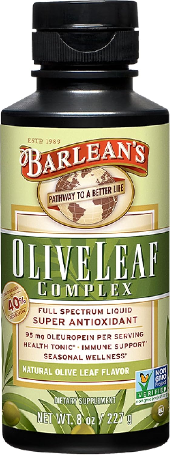 Barlean's Olive Leaf Complex Liquid with 95mg Oleuropein Antioxidants for Immune Support, 8 Ounce