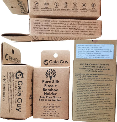 Gaia Guy Natural Unflavored Silk Dental Floss - 2 x 33yds Compostable Pure Silk Waxed with Candelilla Wax, Reusable
