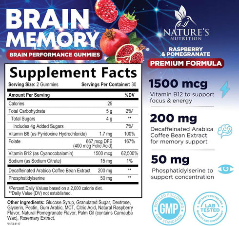 Brain Supplement Gummies for Memory & Focus Support - 60 Vegan Gummies with B6 B12, Phosphatidylserine, Nootropics