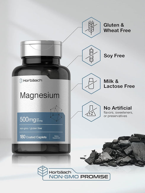 Horbaach Magnesium 500mg, 180 Caplets, Vegetarian, Non-GMO, Gluten Free Supplement