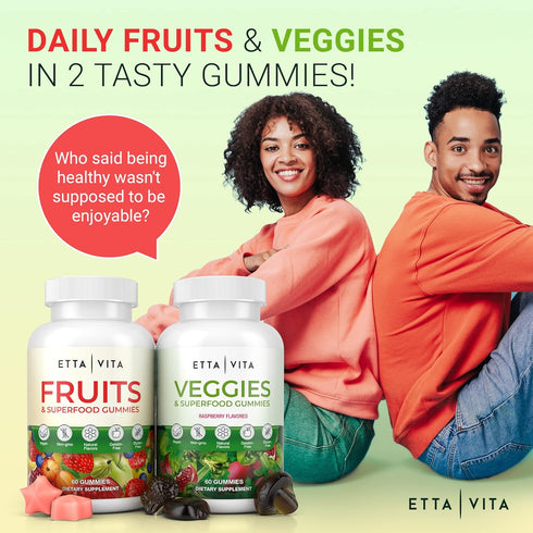 (120 Chews) Fruits and Veggies Supplement - Superfood Gummies with 9 Superfruits & 30 Veggies, Non-GMO