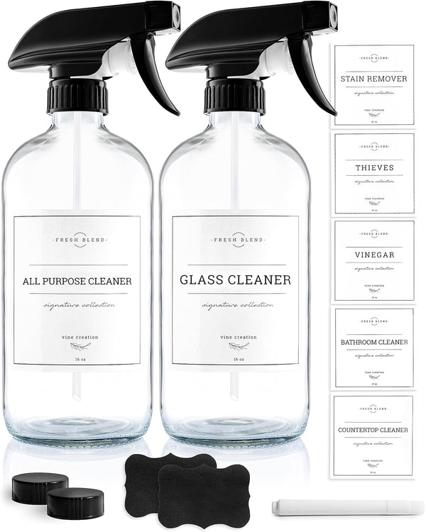 Vine Creations Glass Spray Bottles: 2 Pack, 16 oz Clear Glass Misters for Cleaning Solutions, Plant Care with