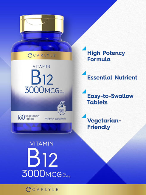 Carlyle Vitamin B-12, 3000mcg, 180 Tablets for Adults, Vegetarian, Non-GMO, Gluten Free Supplement