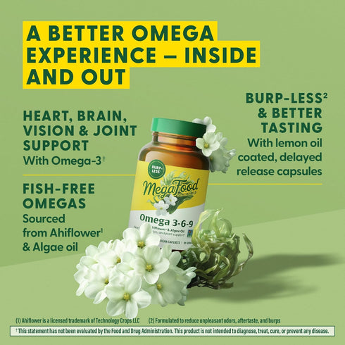 MegaFood Vegan Omega 3 6 9 - Burp-less Omega 3 Supplement, 600 mg Plant-Based Omega-3 & 150 mg DHA (60 Capsules)