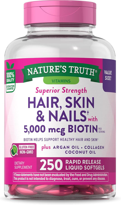 Nature's Truth Hair, Skin & Nails Vitamins with Biotin | 5000mcg | 250 Softgels | Collagen and Coconut Oil Supplement