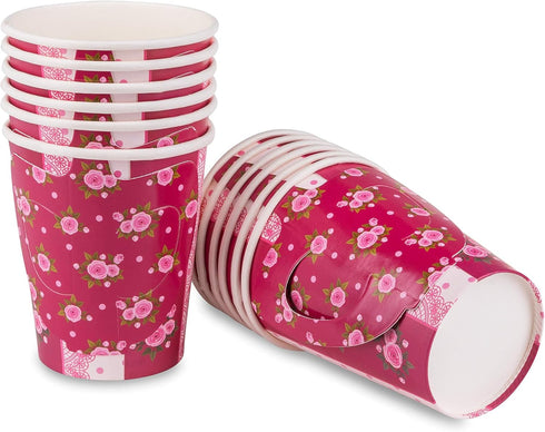Royal Bluebonnet Paper Tea Cups and Saucer Sets - 24 Disposable Tea Party Decorations for Valentine's Day, Pink Floral