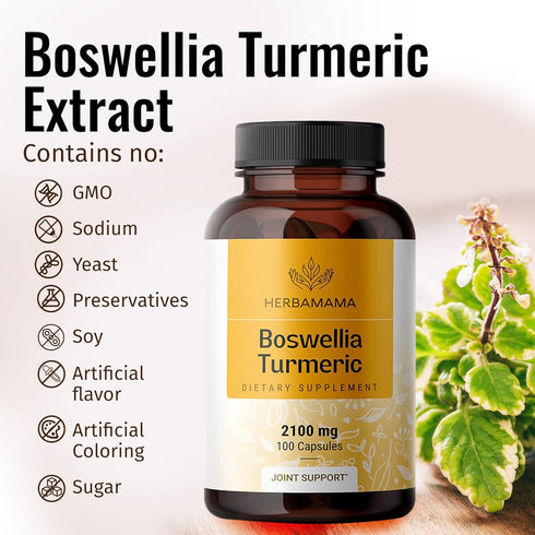 Boswellia Turmeric Capsules, Joint, Digestion & Brain Support with Organic Black Pepper Extract - 100 Capsules