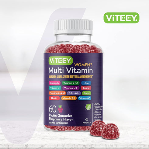 Womens Multivitamin Gummies - Immune Support - 12 in 1 Essential Daily Vitamins & Minerals - Vitamin A, C, D3, E, B6, B12, Folic Acid, Biotin, Calcium, Zinc & More - Vegetarian - Raspberry Flavored