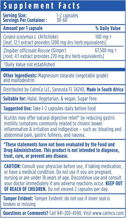 Acutibs Vegetarian Capsules, Artichoke & Ginger Extracts for Gastric Discomfort Relief, 60 Count