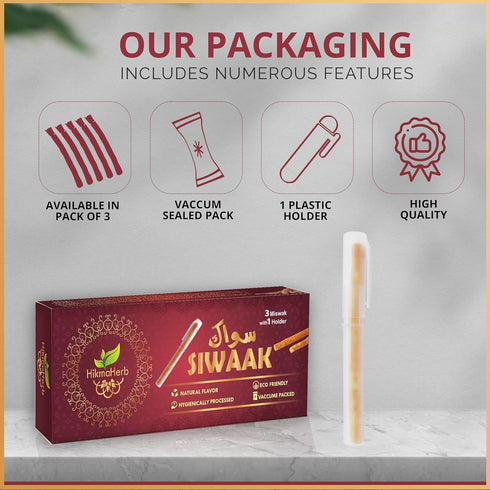 Pack of 3 Miswak Sticks with Holder, Natural Chewing Sticks for Teeth Whitening and Oral Health