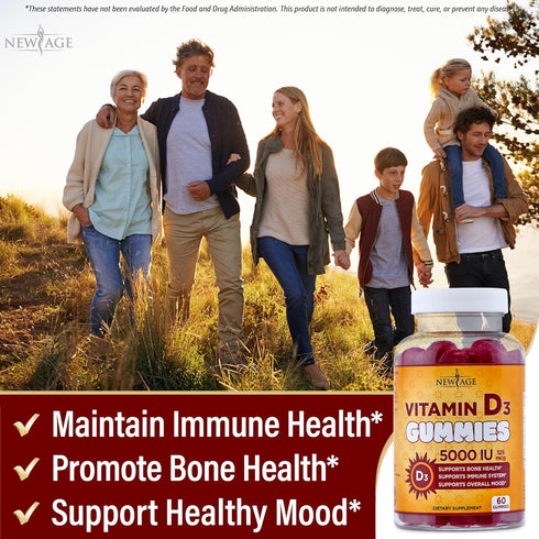 NEW AGE Vitamin D3 5000 IU 125mcg Gummies - Immune Support, Strong Bone Health - Non-GMO, Gluten-Free, Dairy-Free (180
