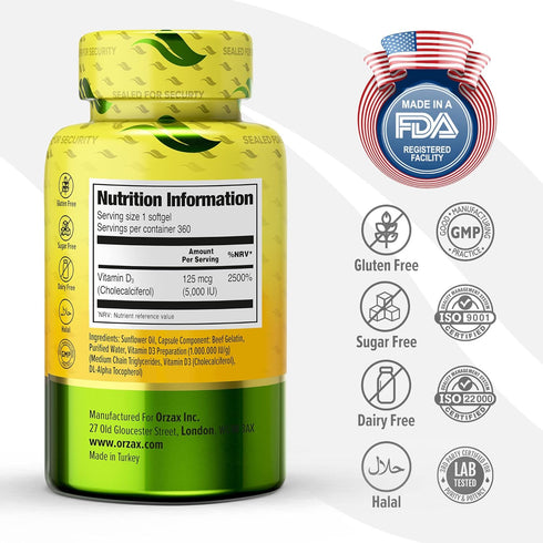 ORZAX Vitamin D3 5000 iu (125 mcg) - 1 Year Supply for Strong Muscle Function & Immune Support - Mood Supplement for Wellness (360 Softgel)