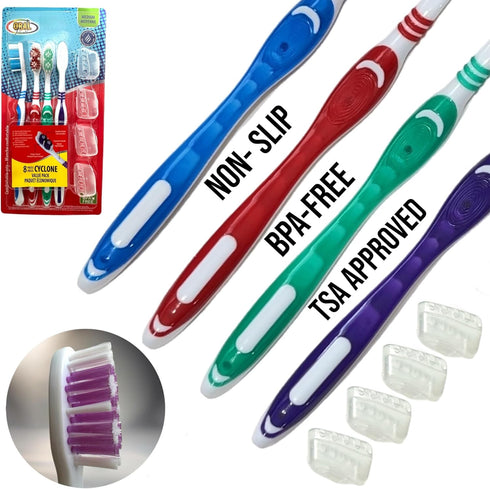 4pc Adult Medium Bristles Toothbrush with Caps, Comfort Hold Deep Clean, Cheek & Tongue Cleaner, Travel TSA Approved