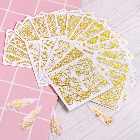 KISSBUTY Metallic Flowers & Vine Nail Decals, 20 Sheets 3D Flower Lace Adhesive Stickers, Gold Floral Nail Decor