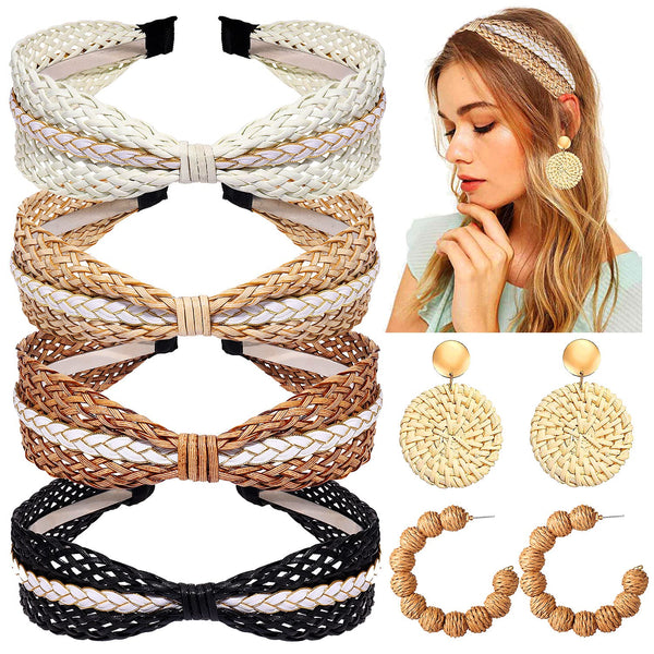 NVENF 6Pack Straw Headbands, Rattan Earrings for Women, Boho Raffia Knotted Hairband, Summer Beach Accessory