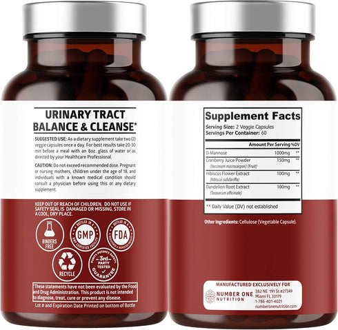 Number One Nutrition Premium D Mannose with Cranberry and Hibiscus, Max Strength 1350mg, 120 Capsules