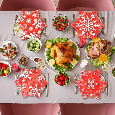 Naozinebi 48 Count 9inch Winter Snowflake Paper Plates Red Christmas Plates Red Snowflake Shaped Christmas Dessert