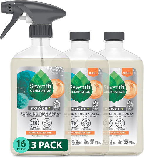 Seventh Generation Foaming Dish Spray, 16 Fl Oz, Pack of 3 Refills and 1 Sprayhead