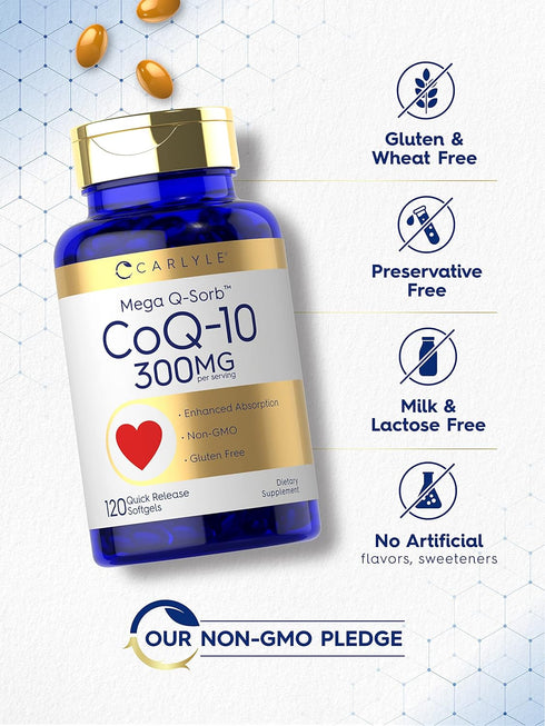 Carlyle CoQ10 300mg | 120 Softgels | Non-GMO, Gluten Free | Mega Q-Sorb Coenzyme Q-10 with Black Pepper Extract