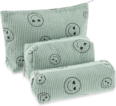3 Pcs Makeup Bag Corduroy Set - Cute Preppy Cosmetic Bags for Women, Smile Small Pouch (Green, Smile Face)
