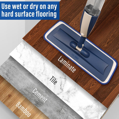 Wet Spray Mop for Floor Cleaning, Refillable Spray Bottle with 3 Washable Microfiber Pads, Home or Commercial Use, Blue